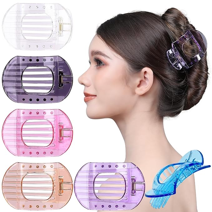 RC ROCHE 6 Pcs Flat Claw Hair Clips for Women Thick Hair French Round Duckbill Square Secure Strong Hold Grip Clamps Barrettes Curved No Slip No Crease Plastic Styling Cute, Medium Transparent