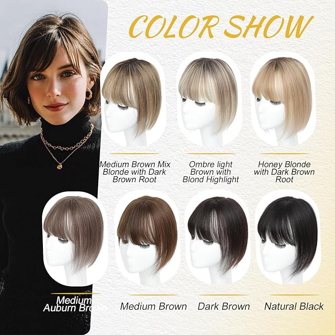 100% Real Human Hair Topper for Women Human Hair Bangs for Women 10 inch Dark Brown Hair Hoppers Clip in Bangs Swiss Base Hairpieces for Thinning Hair#2