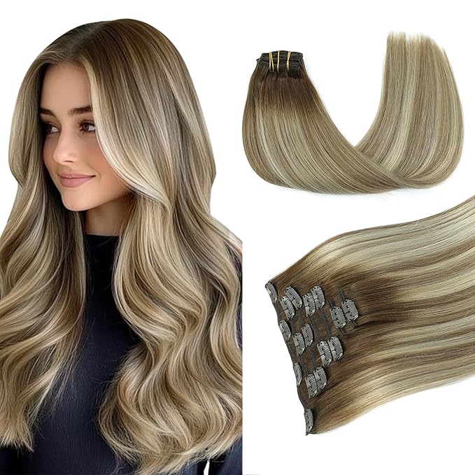 PINKPEARL Clip in Human Hair Extensions #3/8/22 Balayage Walnut Brown to Ash Brown and Golden Blonde Clip in Hair Extensions Real Human Hair 7pcs 120g 22inch Human Hair Extensios Clip ins(#3/8/22-22)