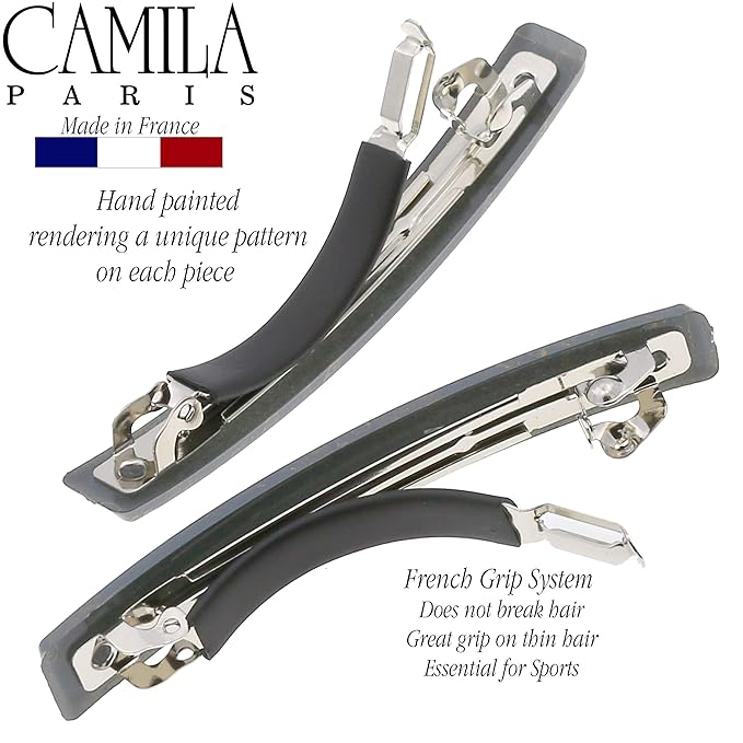 Camila Paris CP3076 French Hair Barrette Clip for Girls, Set of 2 Grey Rubberized Metal Clasp Strong Hold Grip Hair Clips for Women, No Slip Durable Styling Girls Hair Accessories, Made in France