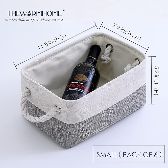 TheWarmHome Small Storage Baskets for Organizing,Storage Baskets for Shelves,Small Fabric Storage Bins W/Handles For Closet Nursery Toy Decorative Foldable (White&Grey, 11.8L*7.9W*5.2H-6 Pack)
