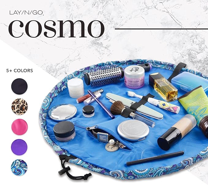 Lay-n-Go Cosmo Layflat Drawstring Cosmetic & Makeup Bag Organizer - Portable Drawstring Bag w/Zipper Pocket, Makeup Loops & More - Durable, Machine Washable Toiletry Bag for Travel (22", Blue Paisley)