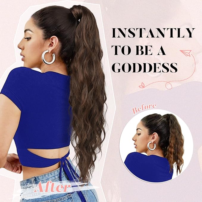 FLUFYMOOZ Ponytail Extension, Flexible Wrap Around Ponytail Extension Long Wavy Curly Ponytail Hair Extensions Natural pony tail Synthetic Hairpiece for Women 32 Inch (Cool Blonde)