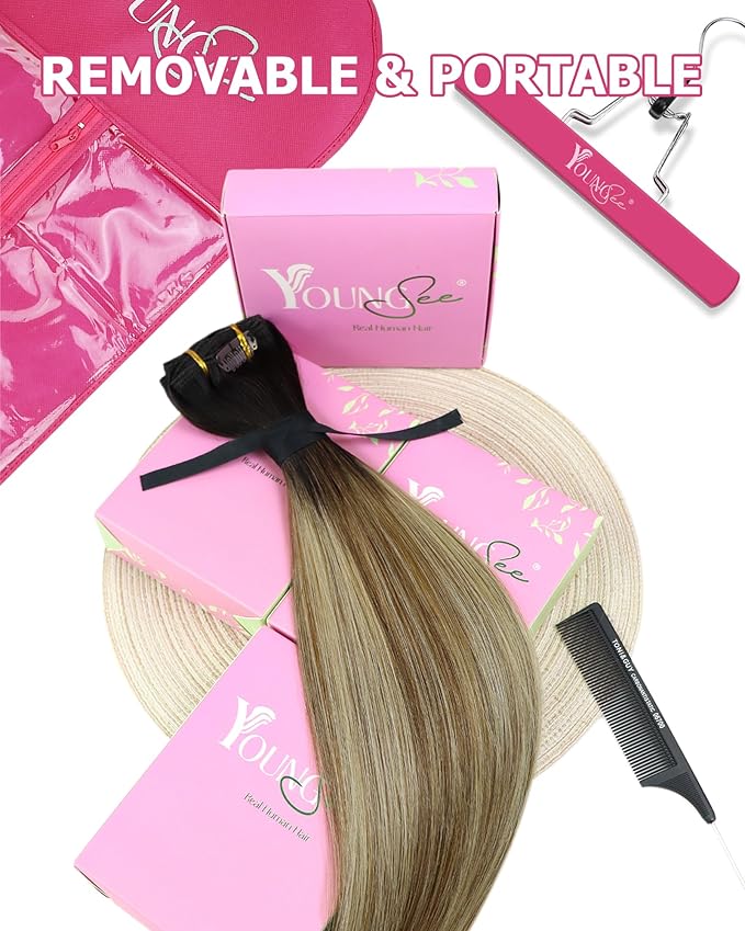 YoungSee Clip in Human Hair Extensions Balayage Clip on Hair Extensions for Women Darkest Brown to Blonde with Brown Balayage Clip in Extensions Real Human Hair Long Straight Hair 24Inch 120G 7Pcs