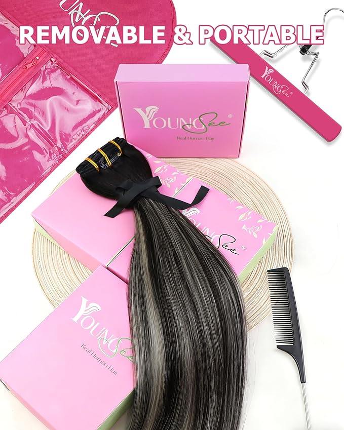 YoungSee Balayage Clip in Hair Extensions Black Silver Clip in Human Hair Extensions Ombre Black Mix Silver Clip in Hair Extensions Real Human Hair for Women 24inch 7Pcs 120G