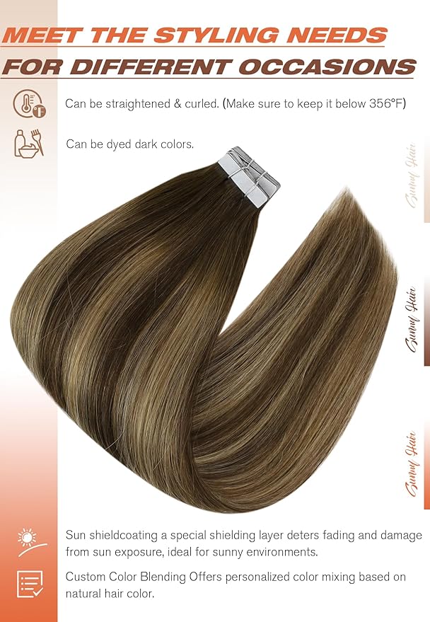 Sunny Hair Tape in Extensions for Women Real Hair 18 inch 100g Tape in Hair Extensions Human Hair Dark Brown Balayage Caramel Blonde Hair Extensions Tape in 40Pcs