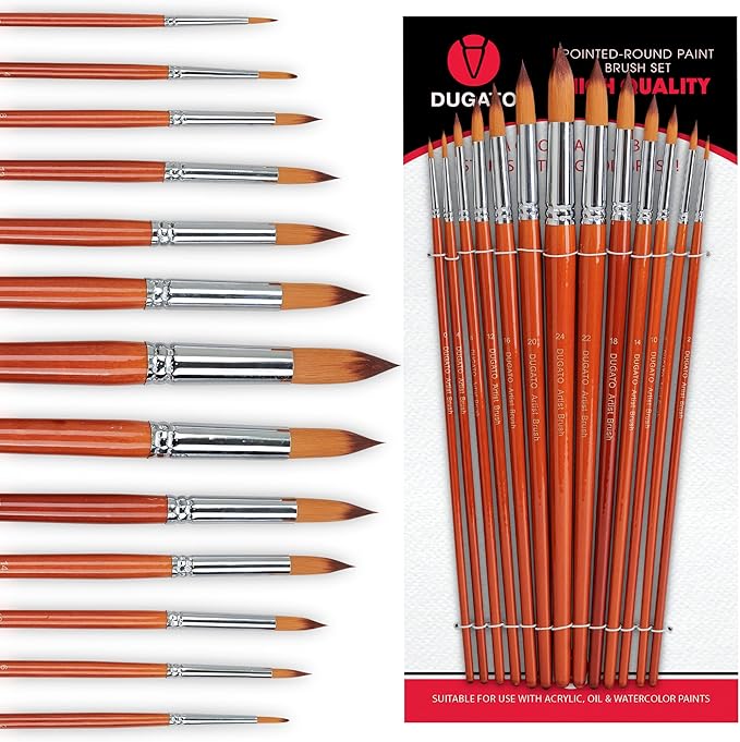 DUGATO Professional Artist Round Paint Brush Set (13pc) - Long Handle Round Pointed Tip, Anti-Shedding Nylon for Watercolor, Acrylic, Oil, Gouache, Ink & Tempera