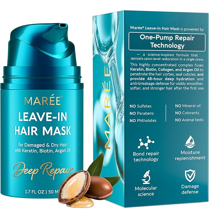 MAREE Deep Conditioning Leave-In Hair Mask for Damaged Hair – Keratin Hair Treatment with Biotin, Natural Oils & Vitamins – Leave-In Conditioner for Repair and Hydration – Mascarilla Para Cabello