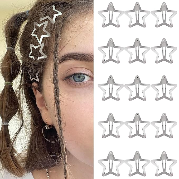 Star Hair Clips 2000s Y2K Snap Hair Barrettes Non Slip Star Hair Accessories Silver Metal Hair Clips for Girls Women -15 PCS 1.18"