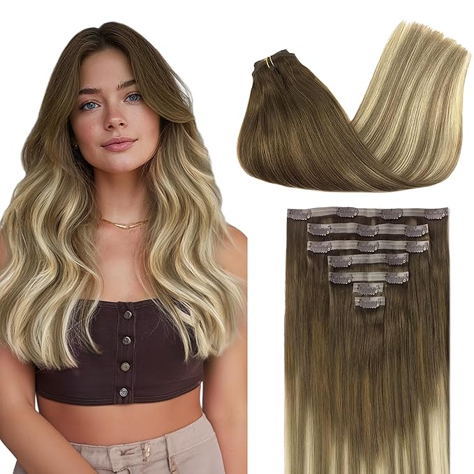 GOO GOO Clip in Hair Extensions Real Human Hair, Remy Human Hair Extensions Clip ins for Women, Natural Human Hair, 14inch 110g 7Pcs, 3/8/613 Balayage Walnut Brown to Ash Brown and Bleach Blonde