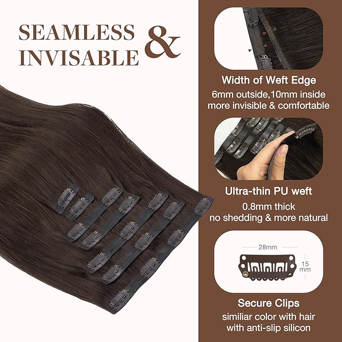 GOO GOO Clip in Hair Extensions Real Human Hair, Remy Human Hair Extensions Clip ins for Women, Natural Human Hair, 22inch 160g 7Pcs, #2A Light Brown