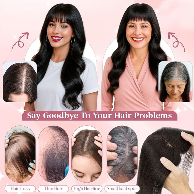Real Human Hair Toppers for Women 3.54"*4.72" Silky Base 150% Density With Bangs Adjustable Parting Clip-In Topper Hairpieces for Women with Thinning Hair 10 Inches Silver Grey