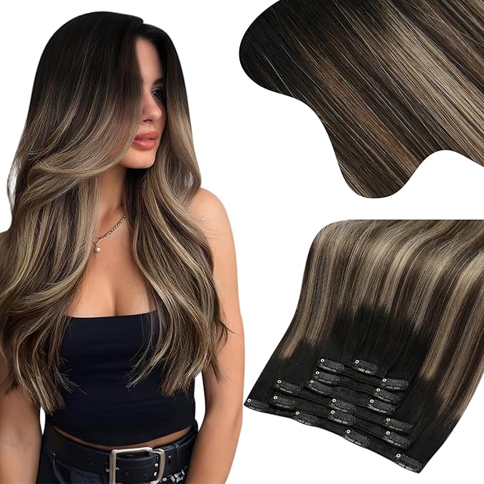 Moresoo Clip in Hair Extensions Remy Double Weft Human Hair Clip in Extensions Straight Balayage Hair Extensions for Women Ombre Black Mixed with Silver Grey 7pcs 150g 22inch