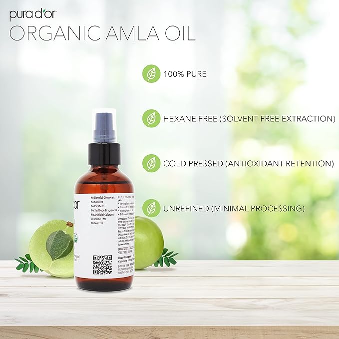 PURA D'OR 4 Oz ORGANIC Amla Oil, 100% Pure USDA Certified Premium Grade, Cold Pressed, Unrefined, Extra Virgin, Hair Serum & Thickening Hair Product w/Pump for Women & Men