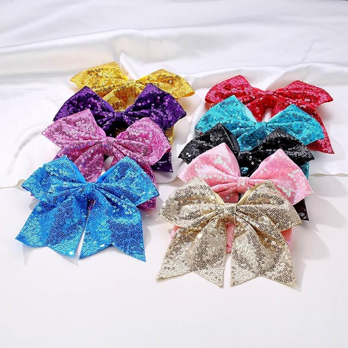 Large Big 7 Inch Glitter Bow Clip Sequin Bling Party Hair Accessories for Women Teens Girls Kids 2 Pcs (Pink, Light Purple)