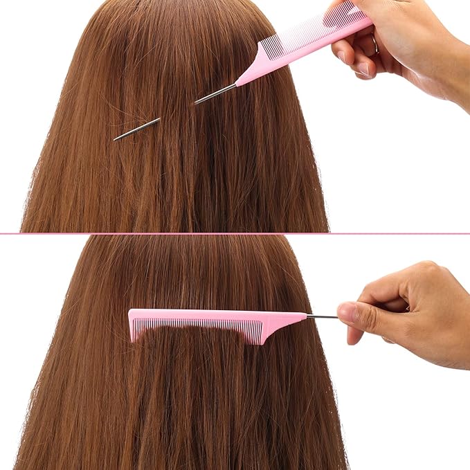 3 Packs 9 Inch Rat Tail Comb Carbon Fiber Heat Resistant Teasing Comb with Metal Pick Styling Parting Lightweight Sectioning Fine Tooth Combs for Women Girls