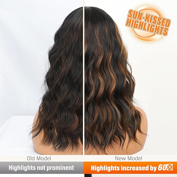 Nnzes Black Mixed Brown Wig with Bangs Short Bob Wavy Wigs Synthetic Curly Wig for Women Natural Looking Heat Resistant Fiber Hair for Daily Party Use