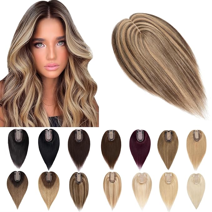 SEGO Human Hair Toppers for Women With Thinning Hair, 7 * 13CM Silk Base 100% Real Human Hair Clip in Top Wiglet Hairpieces /16 Inch No Bangs Medium Brown&Dark Blonde
