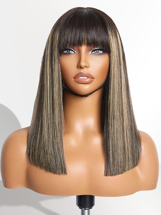 LUVME HAIR 14 Inch Blonde Highlight Bob Human Hair Wig with Bangs Glueless HD Lace Bang Wig True Scalp Ready to Go Silky Straight Highlight Human Hair Short Wig with Bangs (Breathable Cap)