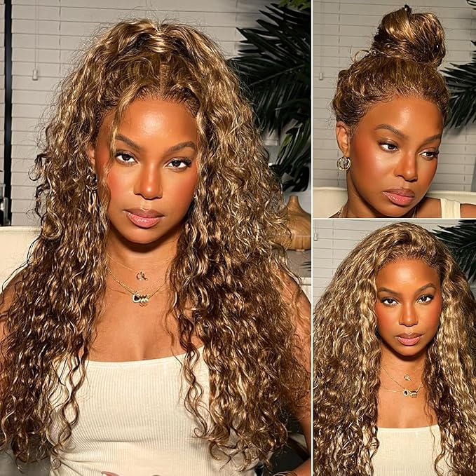 360 Deep Wave Lace Front Wigs Human Hair 220% Density Honey Blonde Drawstring Deep Curly Human Hair wig Ombre 4/27 Highlight Lace Front Wigs Pre Plucked Wet And Wavy Water Wave Wig for Women 26 Inch