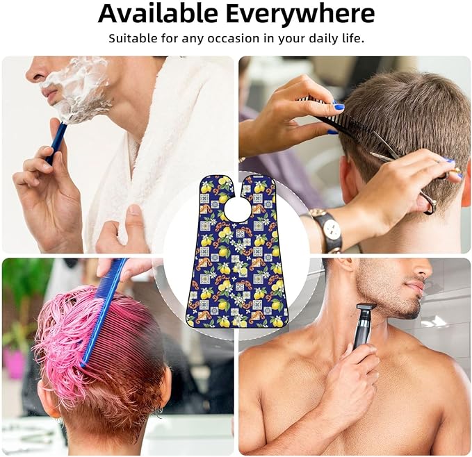 No-Slip Shaving Bib, Beard Grooming Apron with Strong Suction Cups, Blue Watercolor Lemon Tree Leaf Flowers Floral