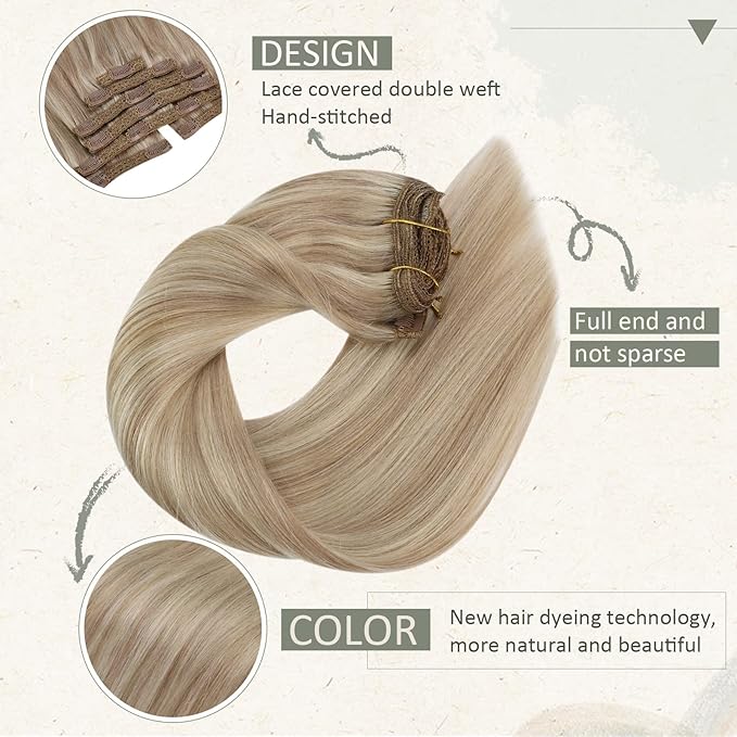 Ve Sunny Human Hair Clip in Extensions Full Head Remy Hair Extensions Blonde Highlight for Women Warm Color Clip in Hair Extensions Straight 120g 7pcs 16 inch