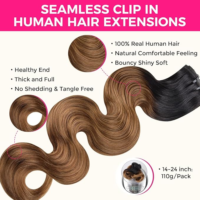 Lashey Seamless Hair Extensions Real Human Hair 110g 7pcs Body Wave Clip in, with PU Soft Invisi Edge 16 Inch Ombre Natural Black to Medium Auburn Clip in Hair Extensions Human Hair