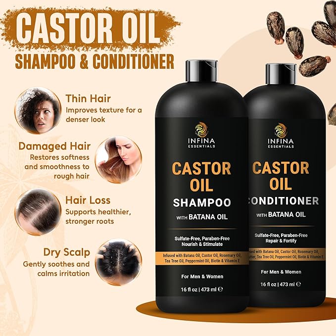Castor Oil Shampoo and Conditioner Set | 16 fl oz Each | with Batana Oil | Strengthening, Thickening & Hydrating Formula | Supports Hair Growth & Fuller, Healthier Hair