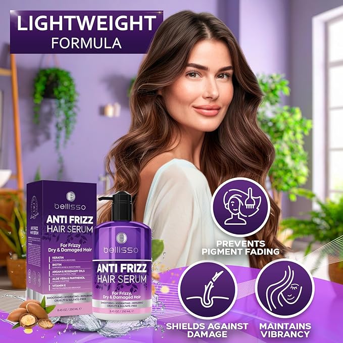 BELLISSO Anti Frizz Hair Serum for Frizzy and Damaged Hair - Humidity Treatment Control - Styling and Smoothing Products for Women and Men - 8.45 Fl Oz