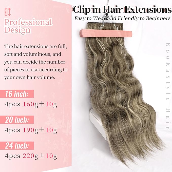 KooKaStyle Clip in Synthetic Highlight Hair Extensions Long Wavy 4PCS Thick Hairpieces Medium Brown Ash Blonde Fiber Double Weft Natural Hair Extensions 20 Inch for Women