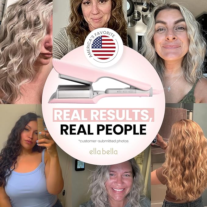 ELLA BELLA® Ultimate Waver Curling Iron • Crimper Hair Tool • Adjustable Heat Settings Dual Voltage • Anti-Scald Tech • Ionic Ceramic Coating for Long-Lasting, Frizz-Free Beach Waves (Pink & Grey)