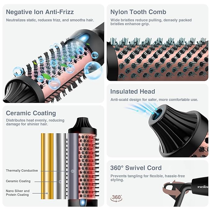 Infrared Bounce Brush, Heated Thermal Round Brush with Negative Ion Technology, 10 Heat Settings for Blowout Look with Hair Care Oil, Straightening & Curling, Suitable for All Hair Types, Black