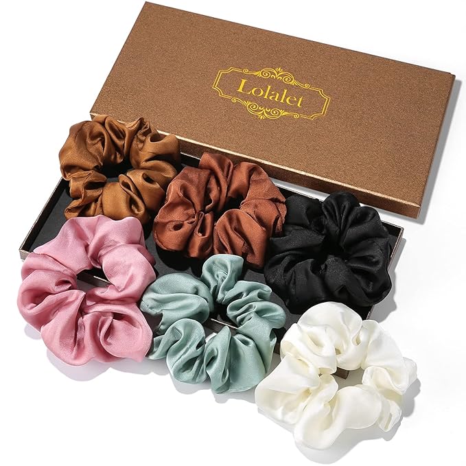Lolalet Scrunchies for Women, Satin Hair Softer Than Silk Ties Sleep, Big Scrunchy Ponytail Holder with Elastic Bands Girls Thick Thin Curly -6 Pack, Style B