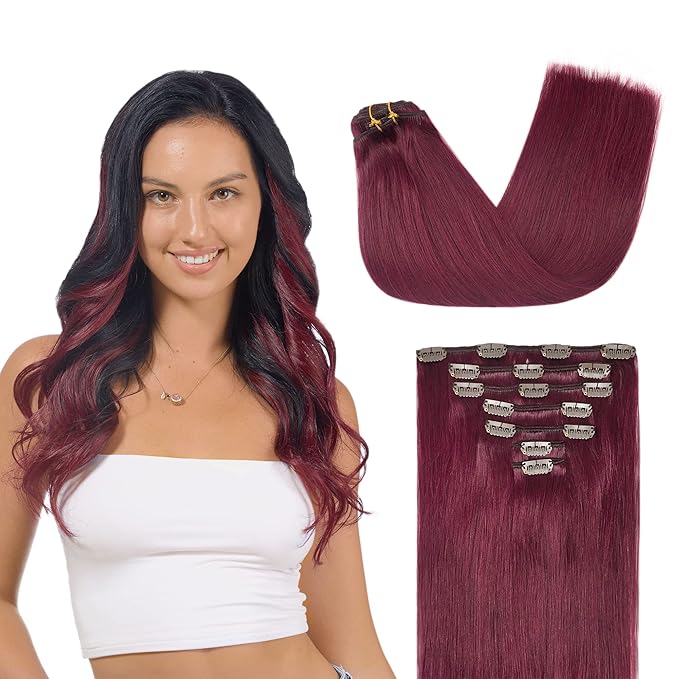 GOO GOO Clip in Hair Extensions Real Human Hair, Remy Human Hair Extensions Clip ins for Women, Natural Human Hair, 18inch 120g 7Pcs, 530 Burgundy