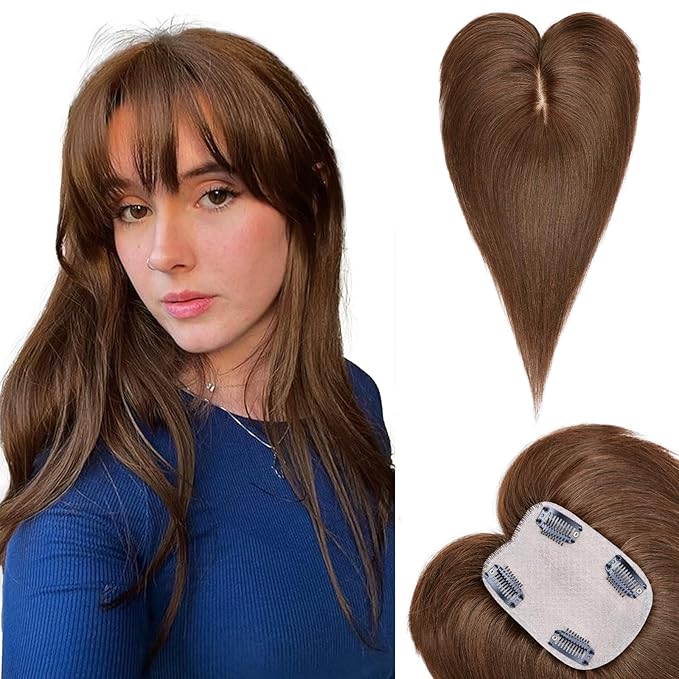 VERNA Real Human Hair Topper, 10 Inch 100％ Human Hair Toppers for Women with Thinning Hair, Large area Coverage Medium Brown Hairpiece Wiglet for Daily Wear(8 * 11)