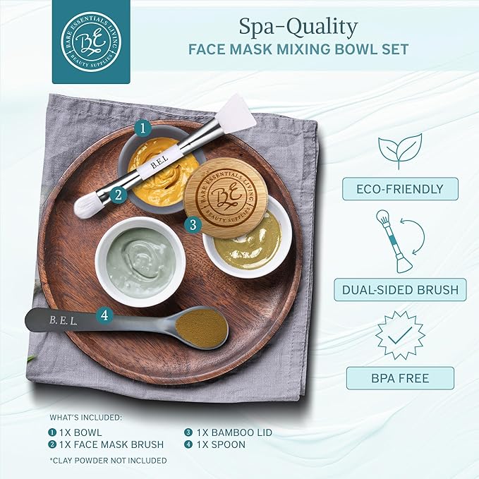 Bare Essentials Living - Clay Face Mask Mixing Bowl Set, Skin Care Kit Facial Bowls with Bamboo Lid, Face Mask Spoon, & Dual Sided Face Mask Brush Applicator for DIY Clay Mask, Facials & Hair (White)