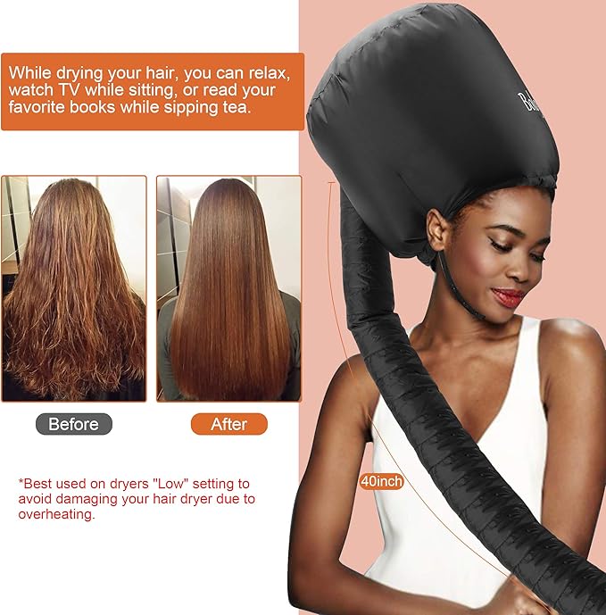 Hair Dryer Bonnet Attachment – 28.5" XL Hooded Dryer Cap for Faster Drying & Deep Conditioning, Extra-Large Space Fits Thick, Curly Hair & Styling Tools (Black, Universal)