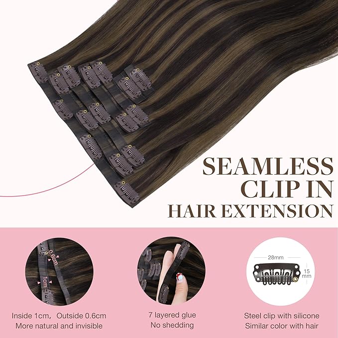 GOO GOO Clip in Hair Extensions Real Human Hair, Remy Human Hair Extensions Clip ins for Women, Natural Human Hair, 20inch 130g 7 Pcs, #2/6 Dark Brown Highlighted Chestnut Brown