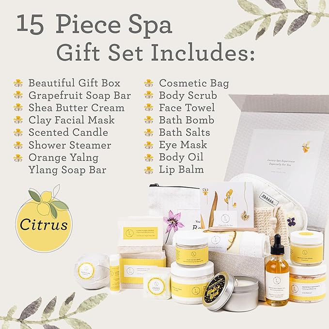 Lizush Luxury Citrus Spa Gift Basket - 15-Piece Handmade Self-Care Set for Relaxation, Perfect Gift for Women, Wife, Mom, or Best Friend - Handmade in the USA