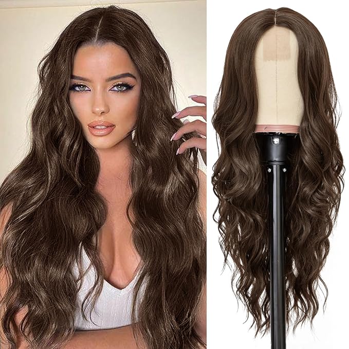 NAYOO Long Dark Brown Wavy Wig for Women 26 Inch Middle Part Curly Wavy Wig Natural Looking Synthetic Heat Resistant Fiber for Daily Party Use(26 Inch Dark Brown)