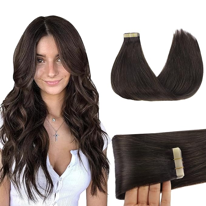 GOO GOO Tape in Hair Extensions Human Hair, 2A Light Brown, 20inch 50g 20pcs, Skin Weft Seamless Invisible, Silky Straight with Thick Ends, Remy Human Hair