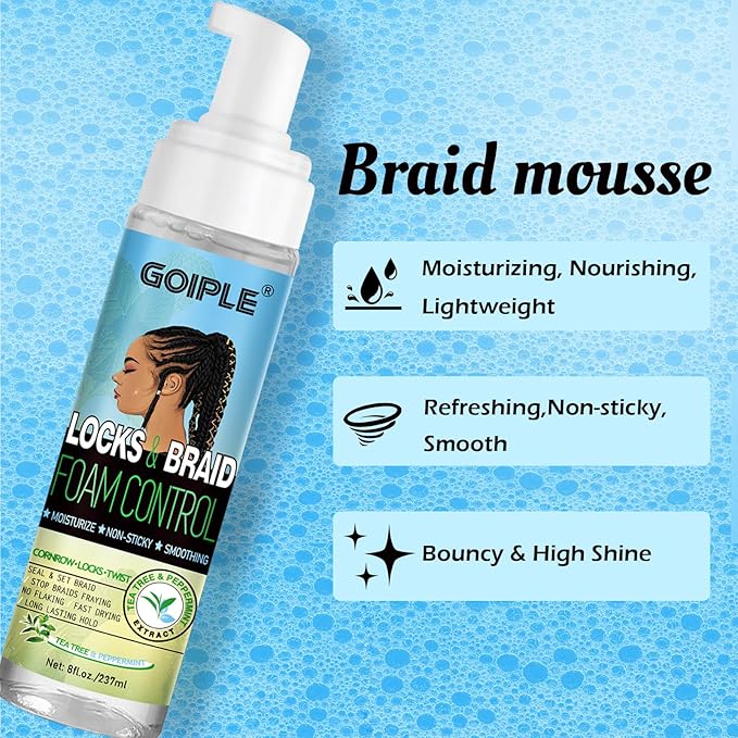 8 fl oz Braid Foam Control Mousse Braiding Hair Mousse for Braids Twist, Locs, No Flake Extra Hold High Shine Style & Moisturizes, Nourishes, Lightweight, Smooth, No Greasy Tea Tree