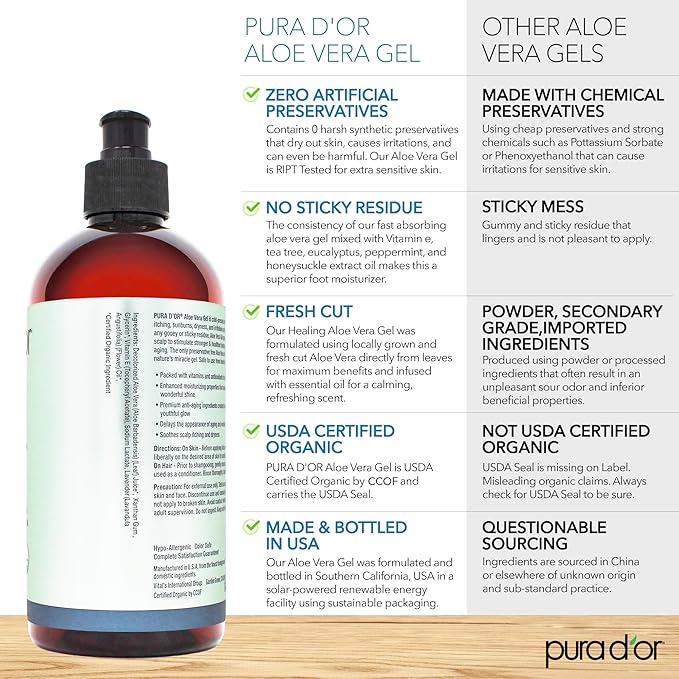 PURA D'OR 16 Oz ORGANIC Aloe Vera Gel - Lavender - All Natural - ZERO Artificial Preservatives - Deeply Hydrating & Moisturizing - Sunburn, Bug Bites, Rashes, Small Cuts, Eczema Relief - Skin & Hair