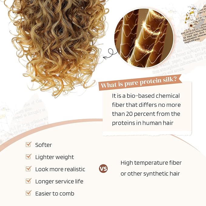 FLUFYMOOZ 100％ Pure Protein Ponytail Extension, 18 Inch Curly Claw Clip Ponytail Hair Extensions Natural Soft pony tail hairpiece for women-Medium Brown with Golden Blonde