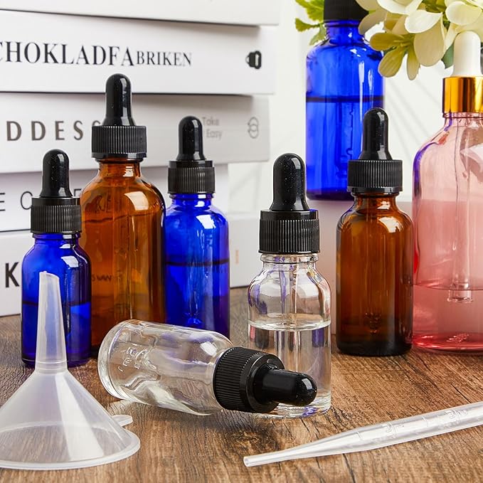 Lallisa 100 Pack Essential Oil Dropper Bottle 15 ml (1/2 Oz) Glass Dropper Bottles DIY for DIY Essential Oil Perfume with 5 Funnels 5 Pipettes 3ml 100 Labels for Bathrooms, Hotels, Labs (Clear)