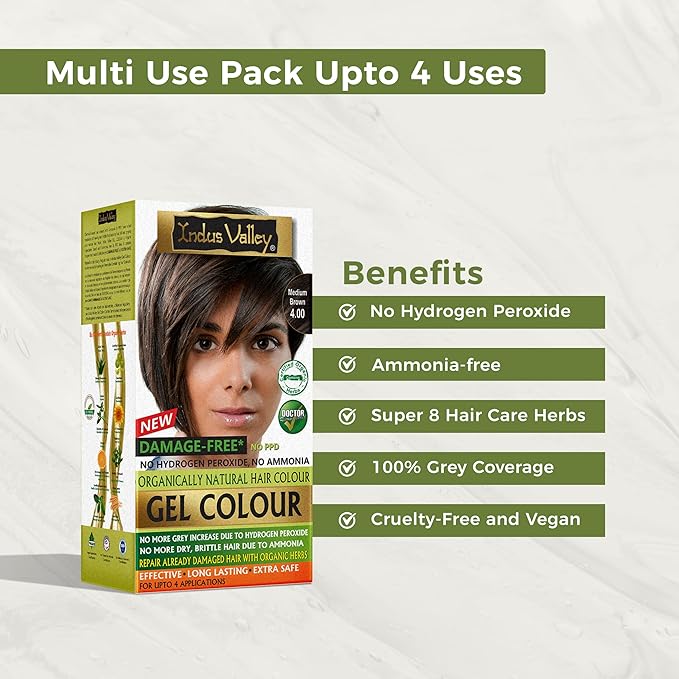 Indus Valley Natural Organic Damage Free Gel Hair Color | Ammonia Free, Vegan & Cruelty Free | Up to 100% Gray Coverage, Long Lasting Results |Medium Brown 4.0 (20gram+200ml)