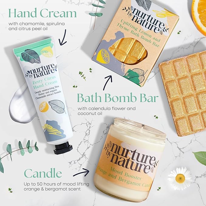 Nurture by Nature RELAX & UPLIFT Spa Kit for Women – Birthday Gifts for Women – 6 Piece Gift Basket with Hand Soap, Body Scrub, Hand Cream & More - Vegan Self Care Kit - Relaxation Gifts for Her