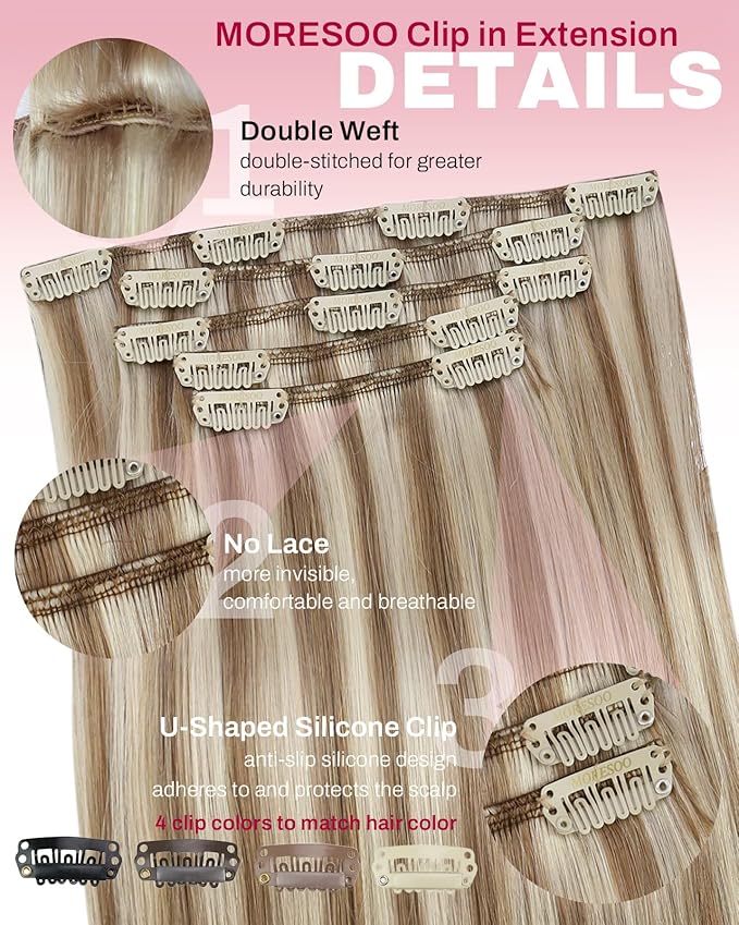 Moresoo Clip in Hair Extensions Brown with Blonde Highlights Clip ins Human Hair Golden Brown with Platinum Blonde Long And Straight Double Weft 80g/5pcs 22 inch