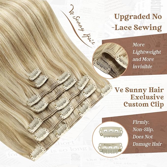 Ve Sunny Clip in Hair Extensions Real Human Hair Dark Blonde Highlights Golden Blonde Human Hair Clip in Extensions Real Human Hair Extensions for Women Thick Hair 7pcs 100g 14 inch