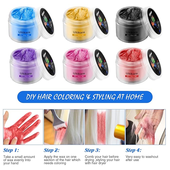 Temporary Hair Color for Kids, Ultikare Red Hair Dye Washable Natural Hair Wax Color Chalk Mud Cream DIY Hairstyle Clay For Dark Hair Halloween, Cosplay, Party, Christmas Gift Girls 3.4 Fl Oz 6 colors